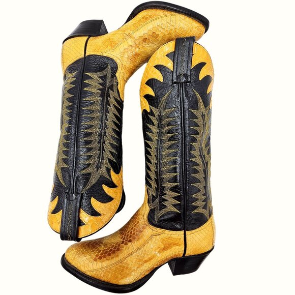 Vintage Tony Lama Exotic Yellow Black Python Snake Cowboy Boots Womens 5 Western - Picture 6 of 15